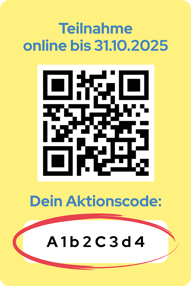 Abbildung zeigt den Aktionsaufkleber der Produktpackungen. Teilnahme online bis 31.10.2025. Der Aktionscode hat 8 Zeichen und ist unterhalb des QR-Codes auf dem Aufkleber zu sehen.